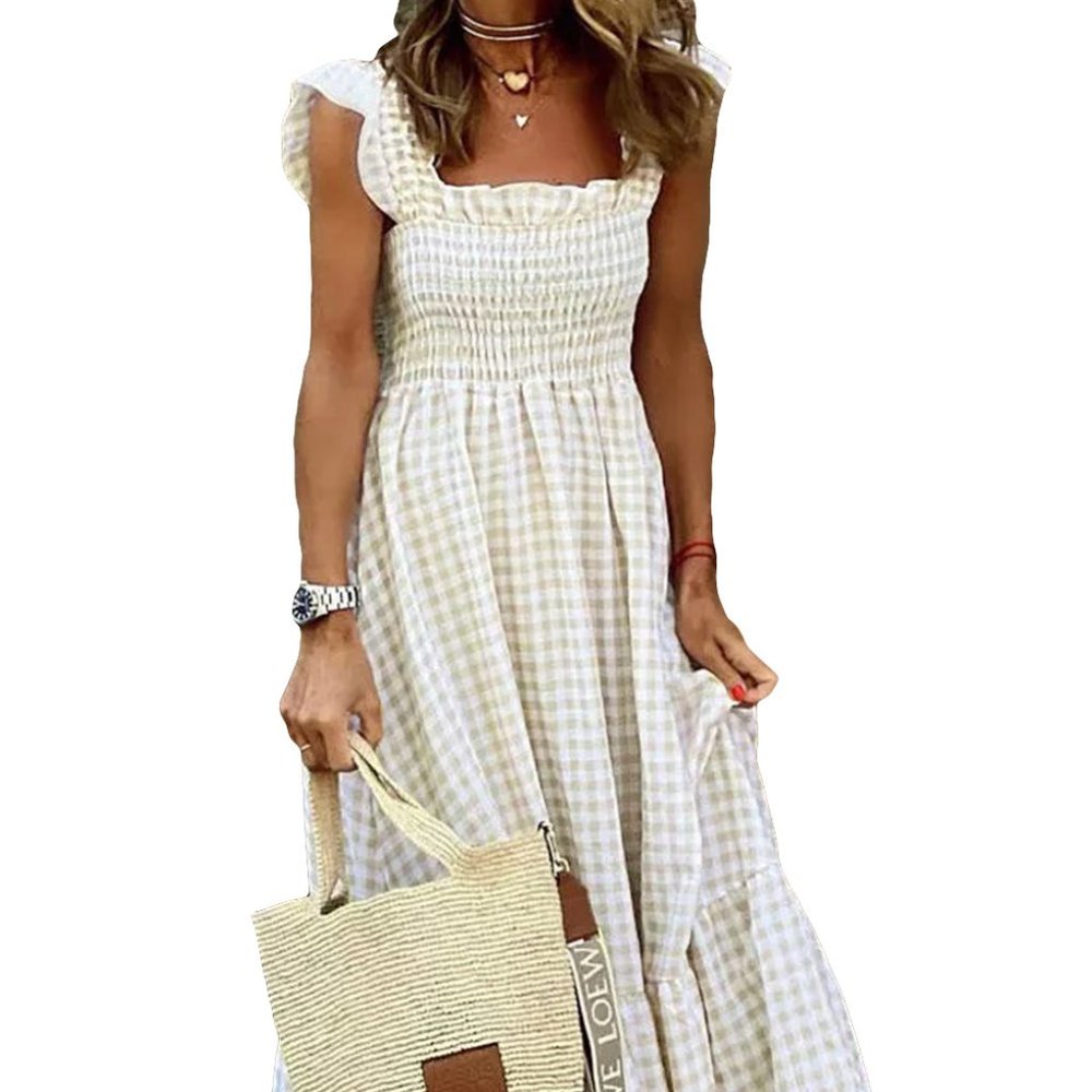 Khaki Plaid Ruffled Sleeve Smocked Maxi Dress S, M, L